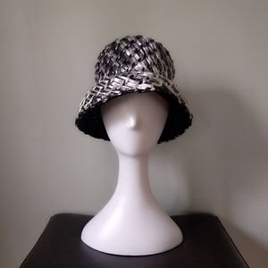 Vtg Mr. John Black Silver Straw Woven Bucket Hat